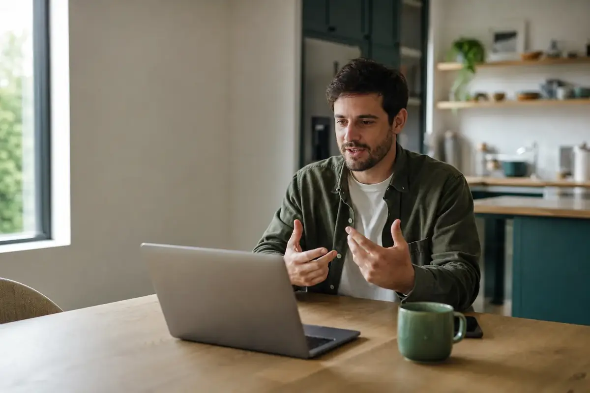 A man on a video call at a kitchen table, gesturing as he talks