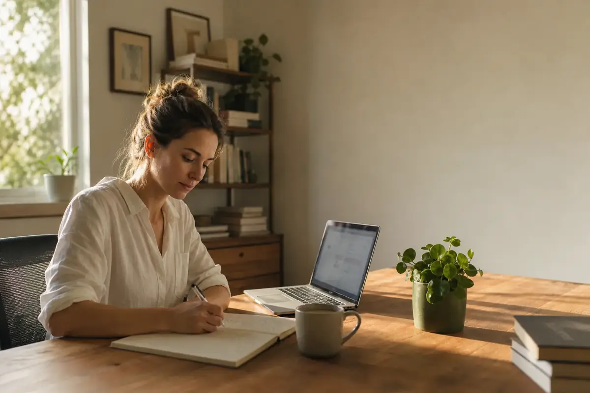 A researcher writes notes at a desk in the sun, next to an open laptop