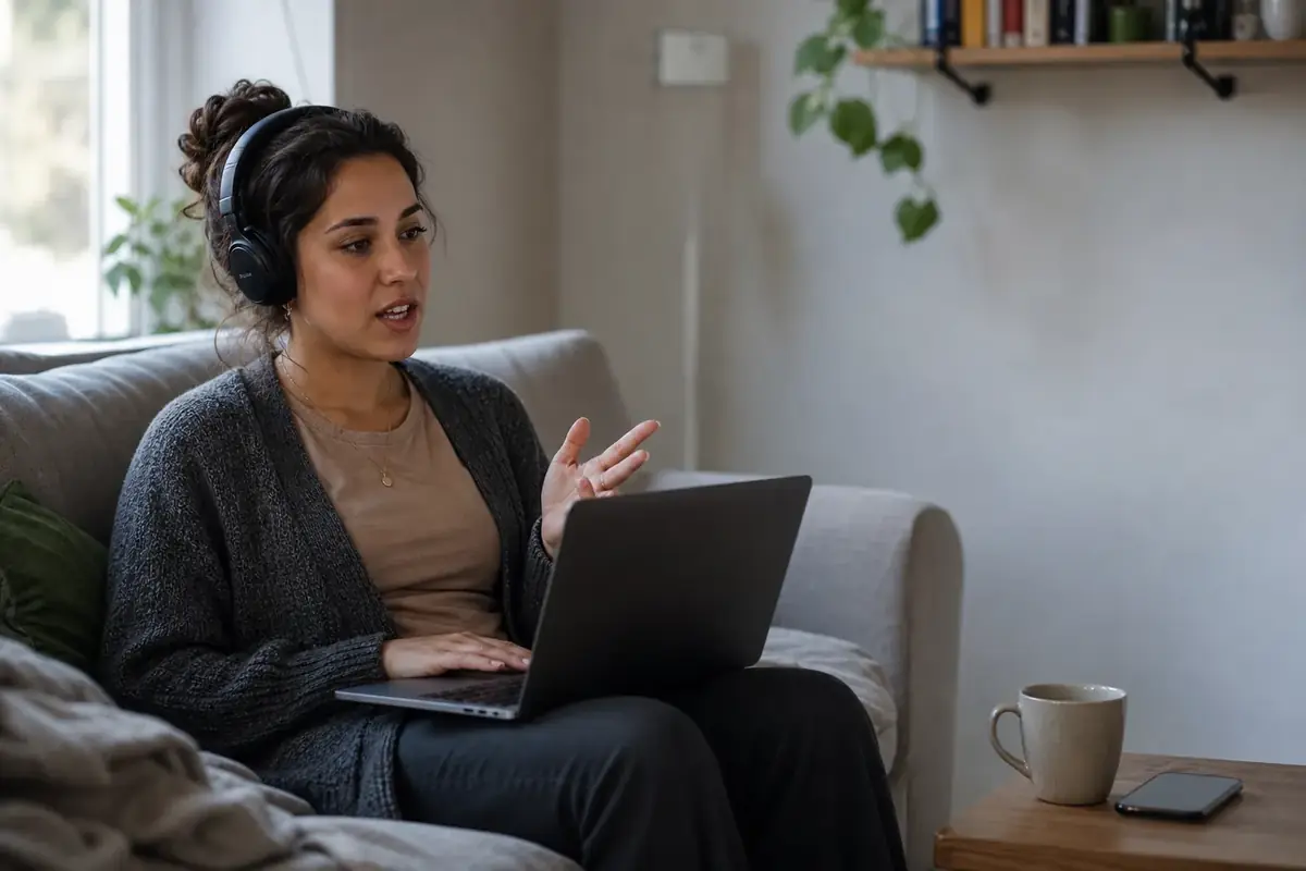 A woman wearing headphones on a sofa, talking to her laptop