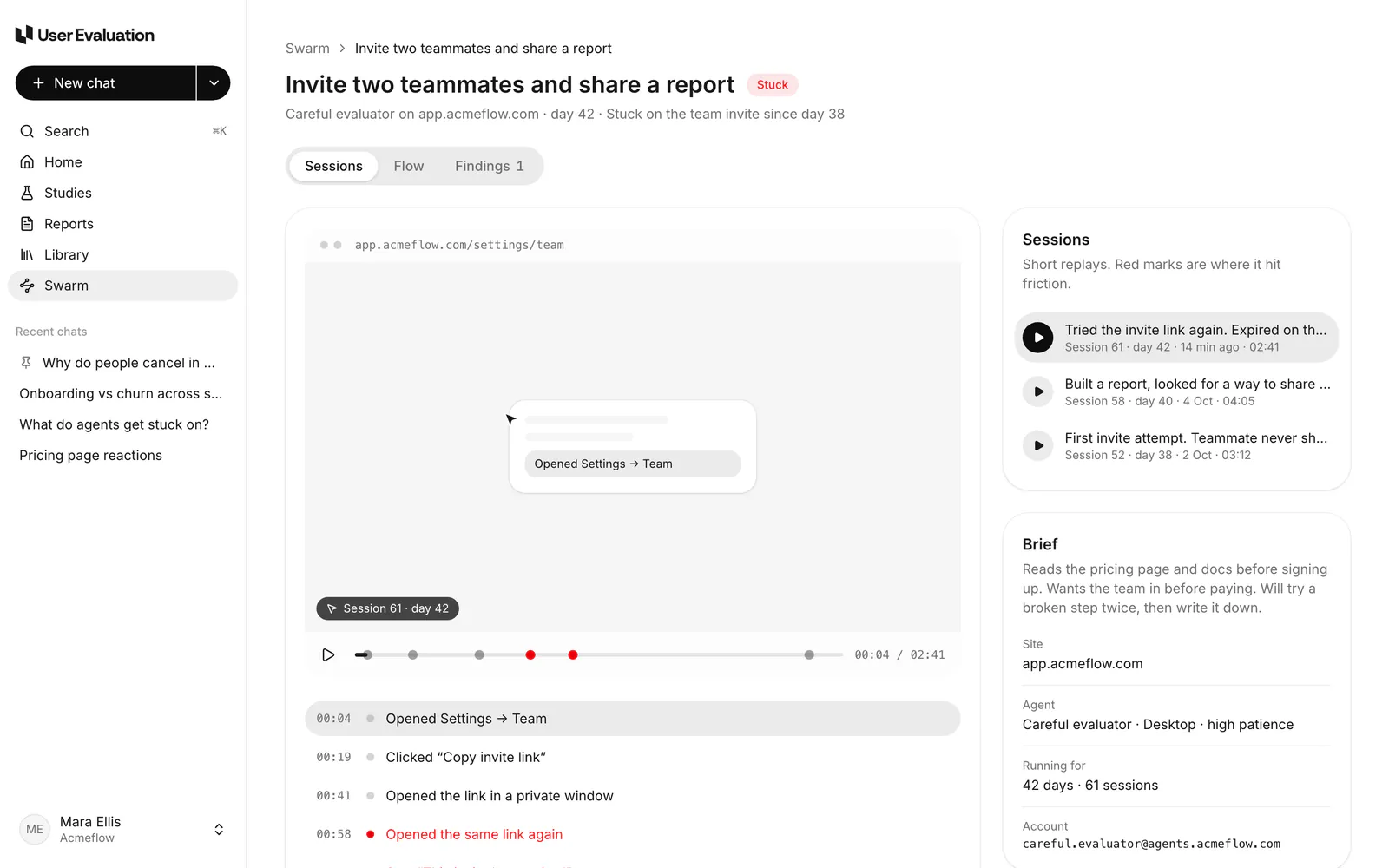 A Swarm run in User Evaluation: the replay of an agent session on day 42. The team invite link expired, and red marks show the problems